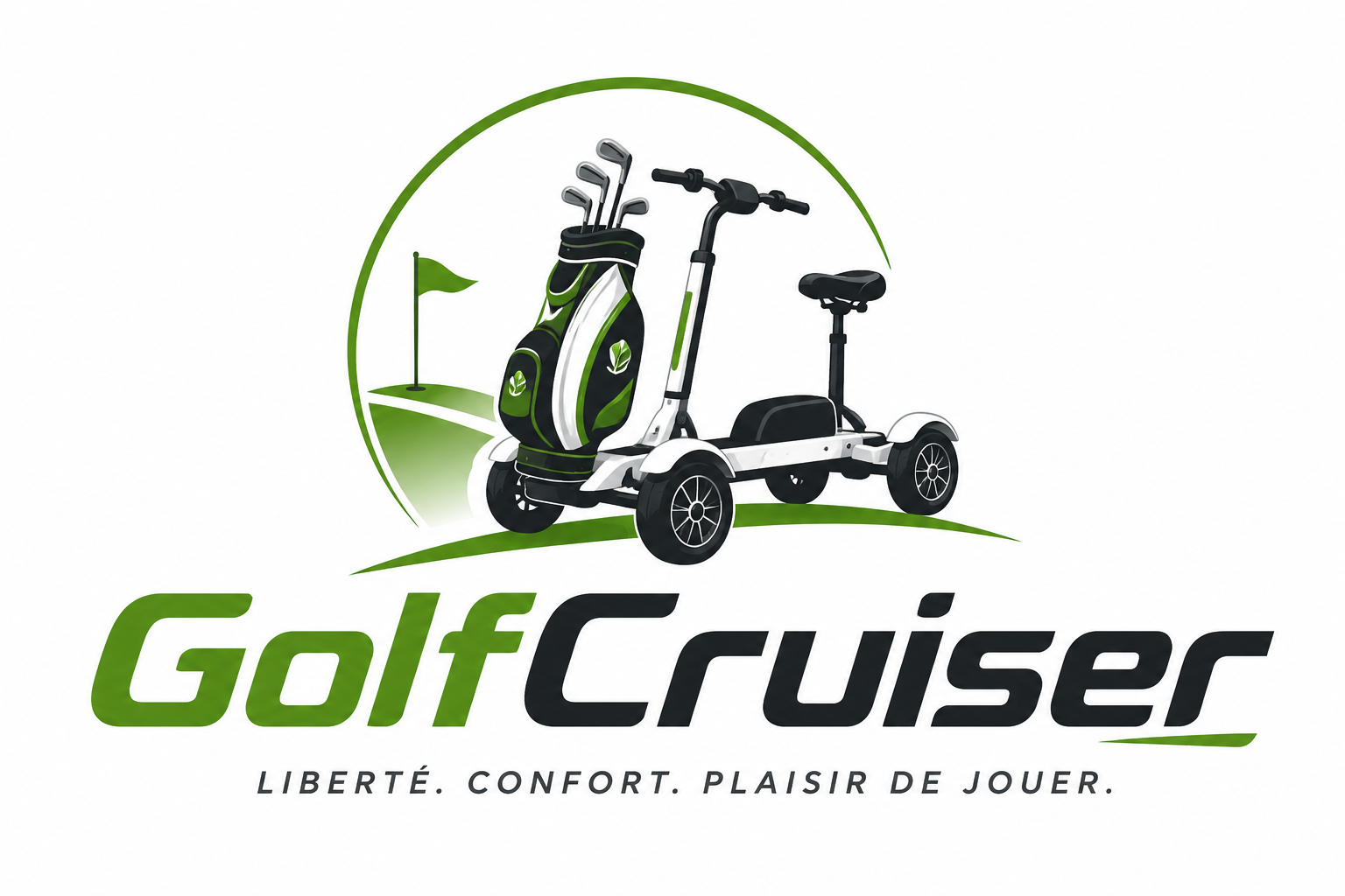 GolfCruiser blanc avec sac de golf sur un terrain