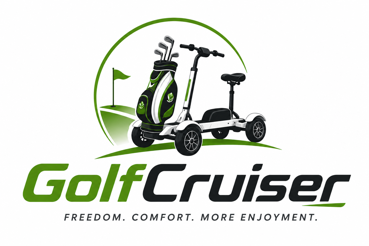 White GolfCruiser with golf bag on a golf course